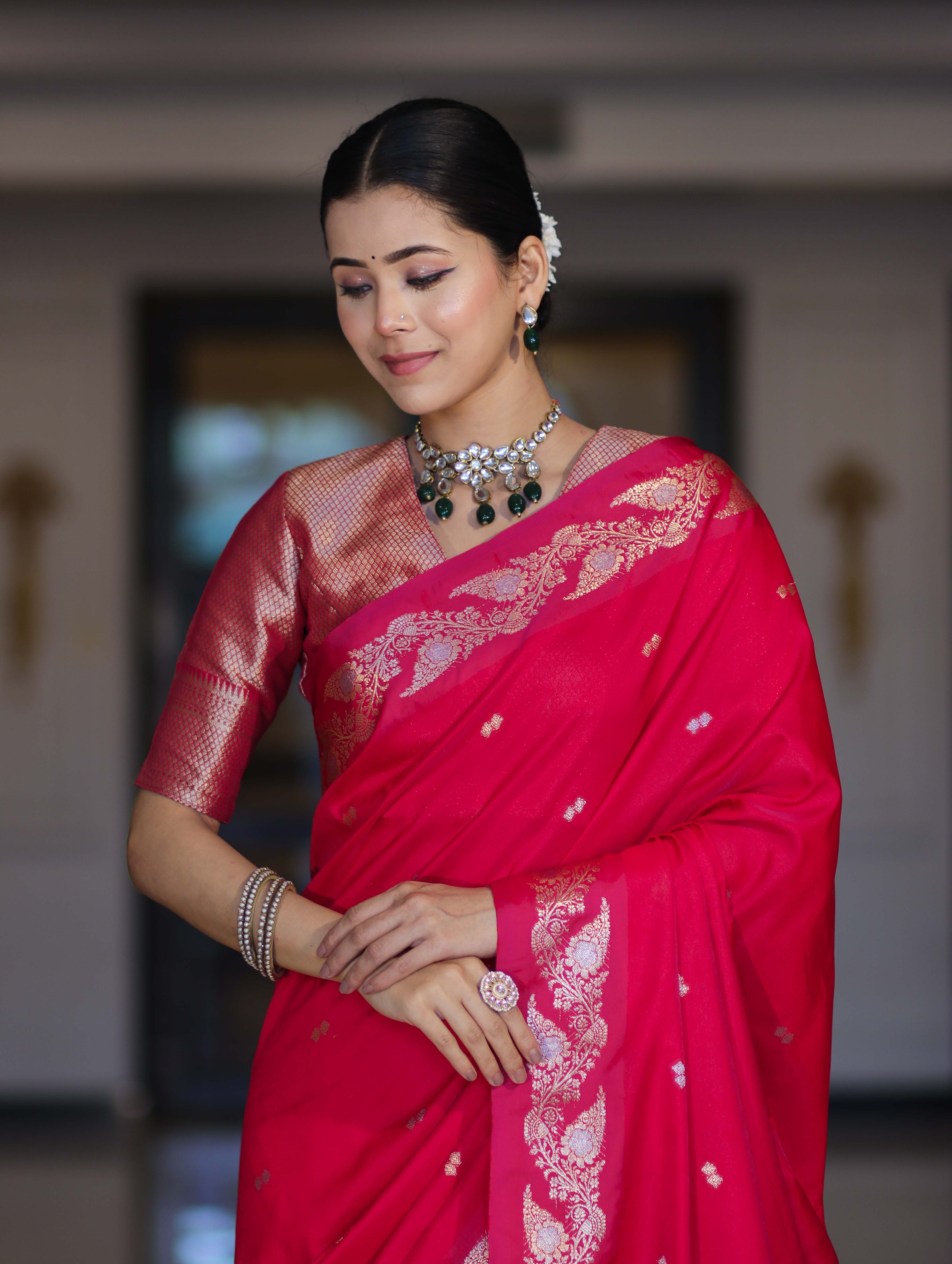 Banarasee Handloom Semi Silk Saree With Sona Rupa Zari Buti Design & Floral Border-Fuchsia Pink