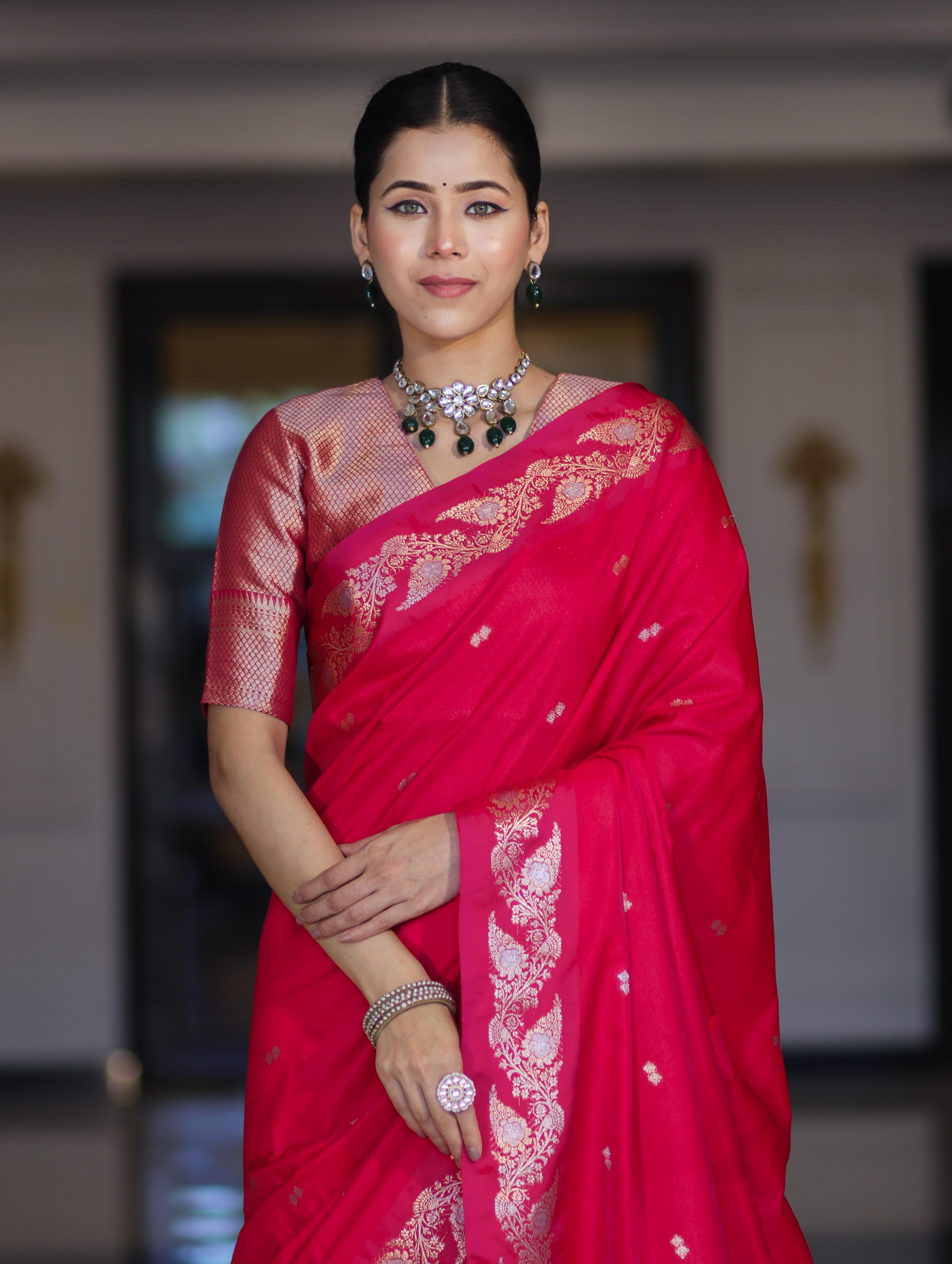 Banarasee Handloom Semi Silk Saree With Sona Rupa Zari Buti Design & Floral Border-Fuchsia Pink