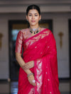 Banarasee Handloom Semi Silk Saree With Sona Rupa Zari Buti Design & Floral Border-Fuchsia Pink