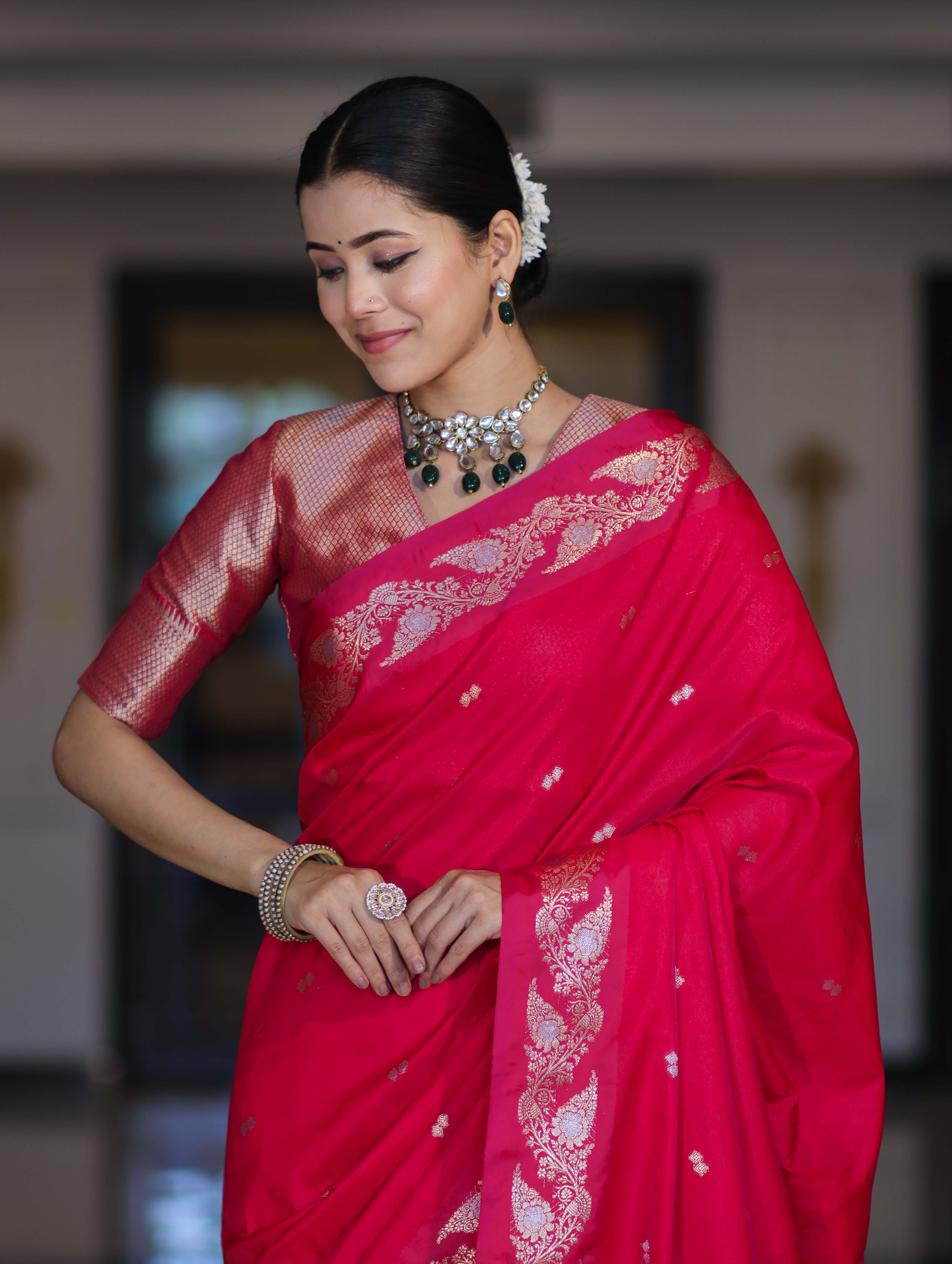 Banarasee Handloom Semi Silk Saree With Sona Rupa Zari Buti Design & Floral Border-Fuchsia Pink