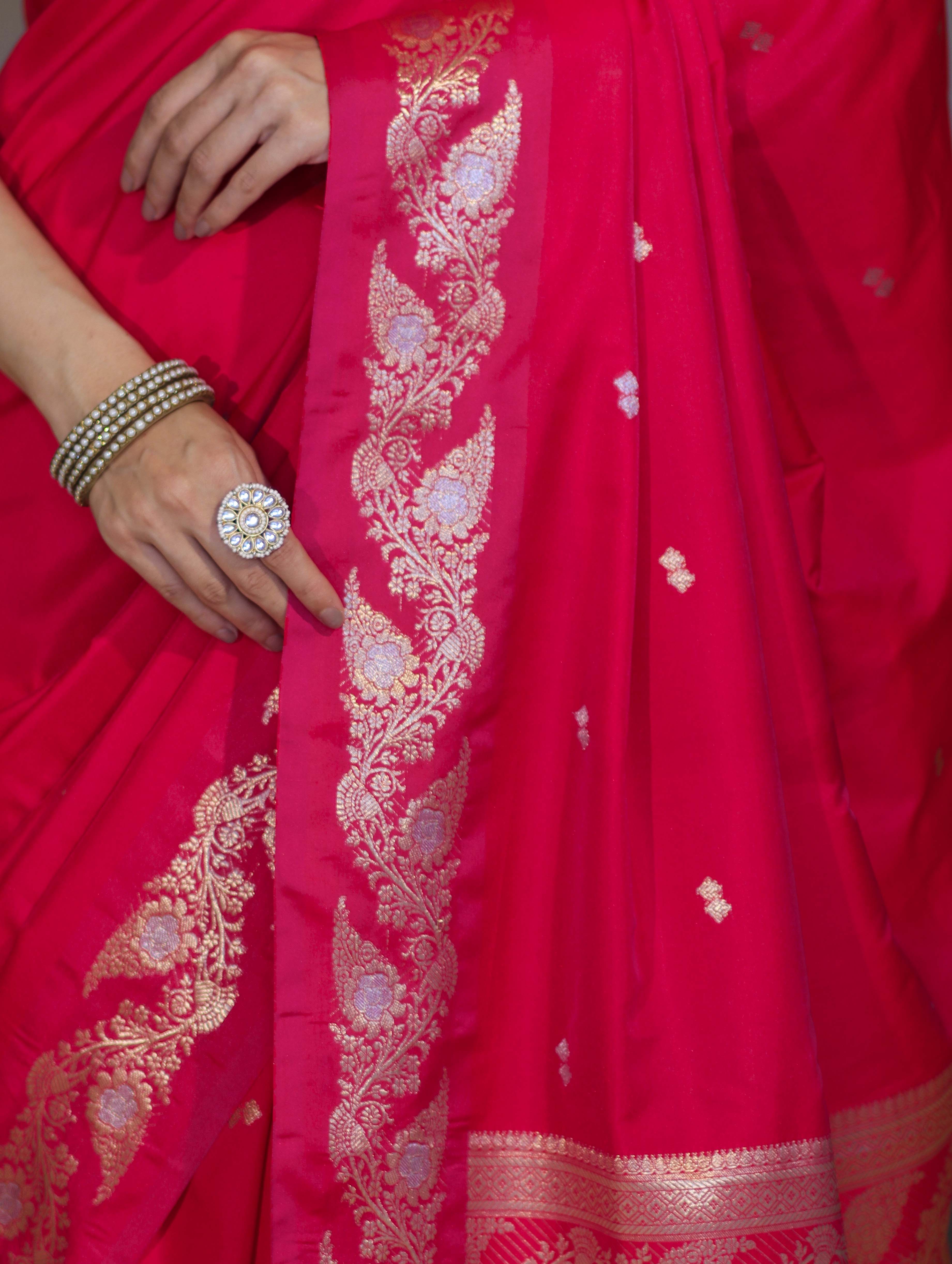 Banarasee Handloom Semi Silk Saree With Sona Rupa Zari Buti Design & Floral Border-Fuchsia Pink