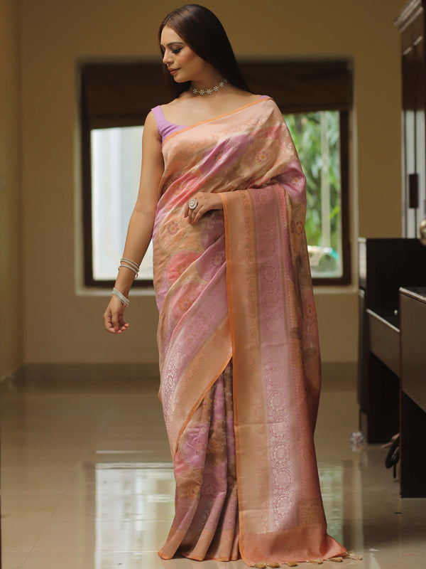 Banarasee Handpainted Pure Muga Silk Saree With Contrast Border-Multicolor