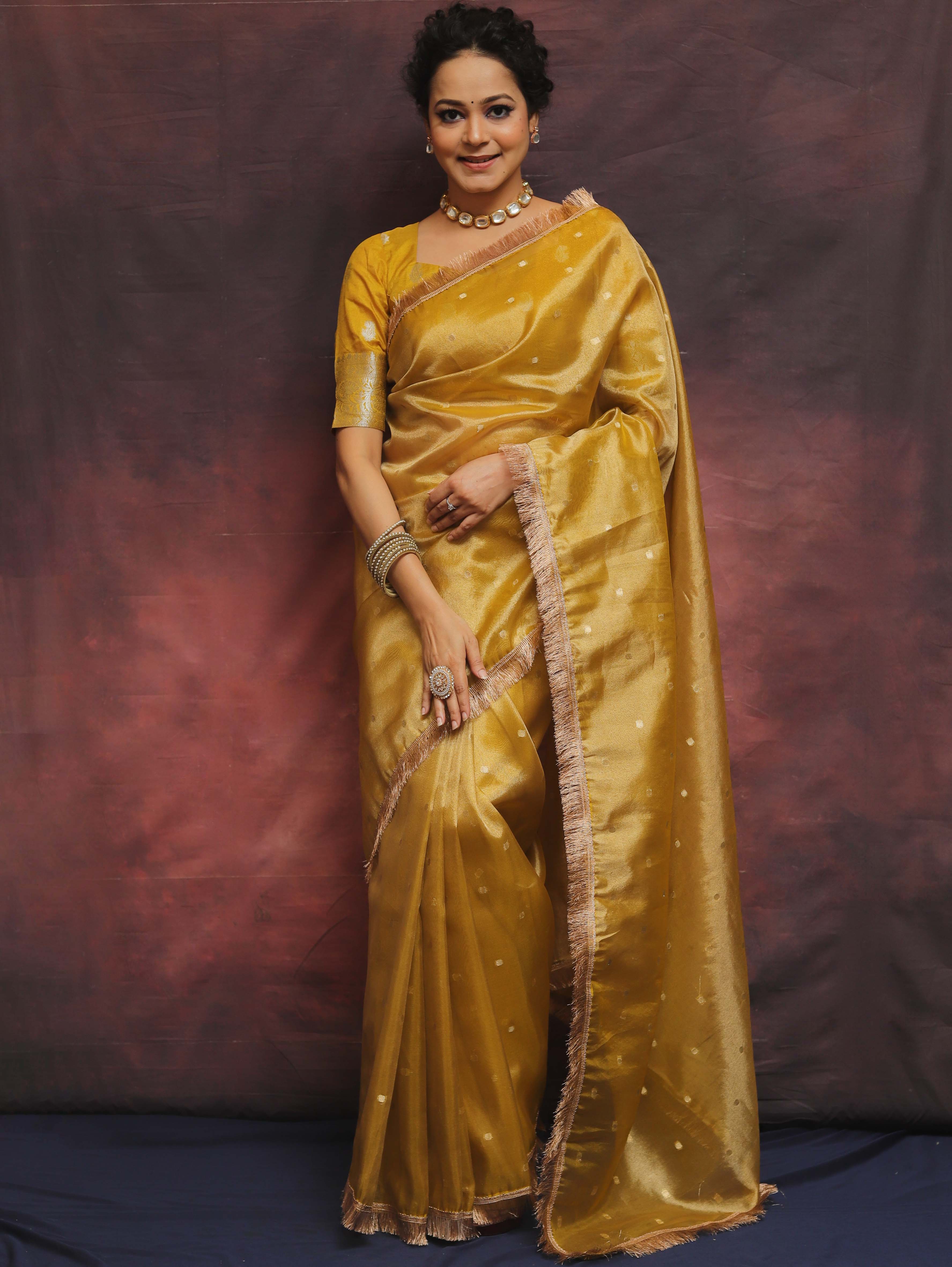 Banarasee Handwoven Tissue Saree Zari Buti With Lace-Mustard Yellow