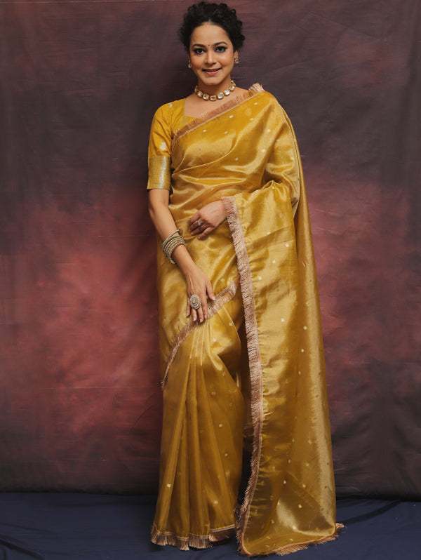 Banarasee Handwoven Tissue Saree Zari Buti With Lace-Mustard Yellow