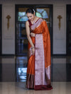 Banarasee Semi Chiffon Saree With Buti Design & Contrast Zari Border-Orange & Burgundy