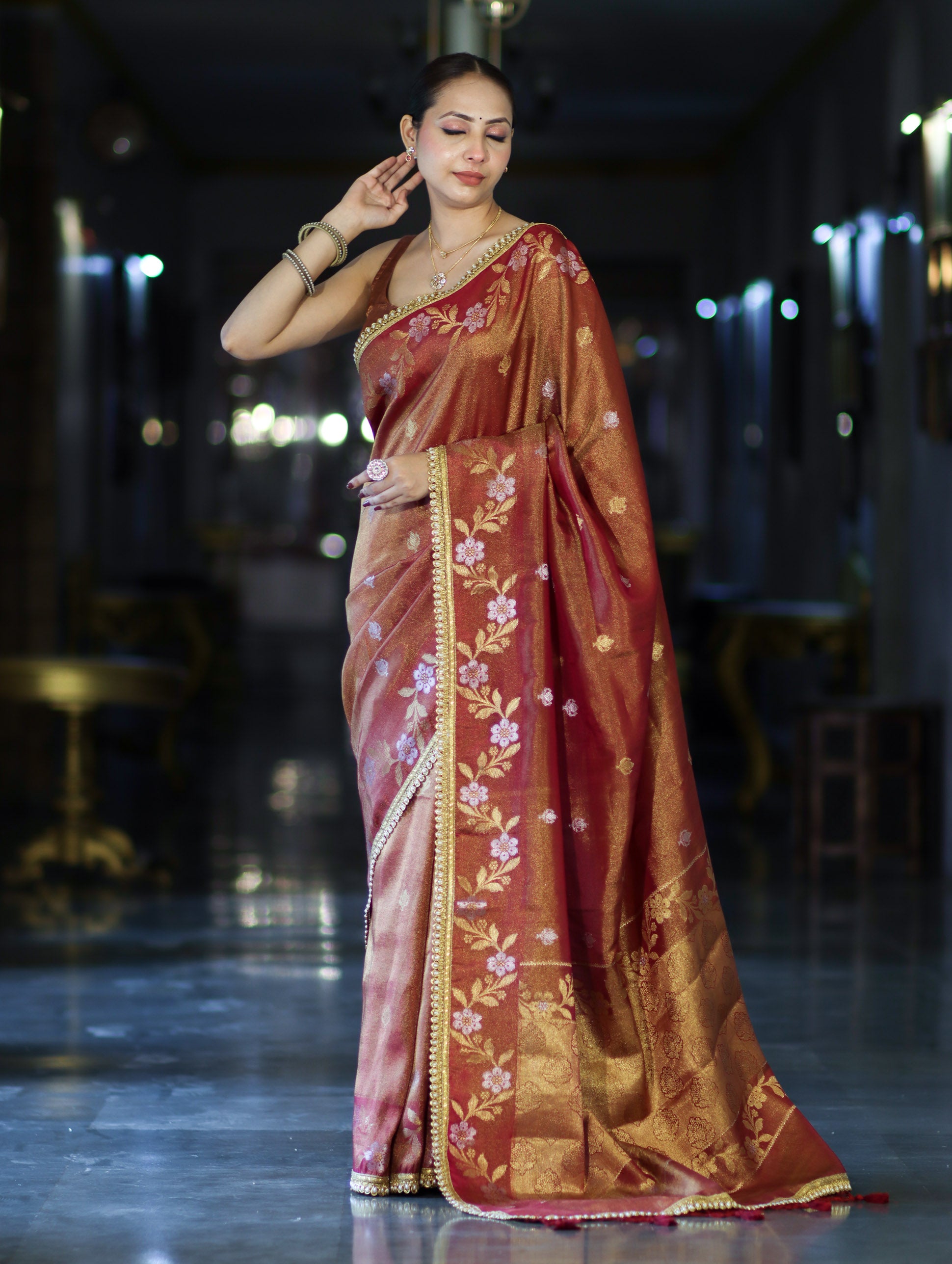 Banarasee Handloom Shimmer Silk Saree With Buti Design Floral Border & Lace-Rust Brown