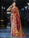 Banarasee Handloom Shimmer Silk Saree With Buti Design Floral Border & Lace-Rust Brown