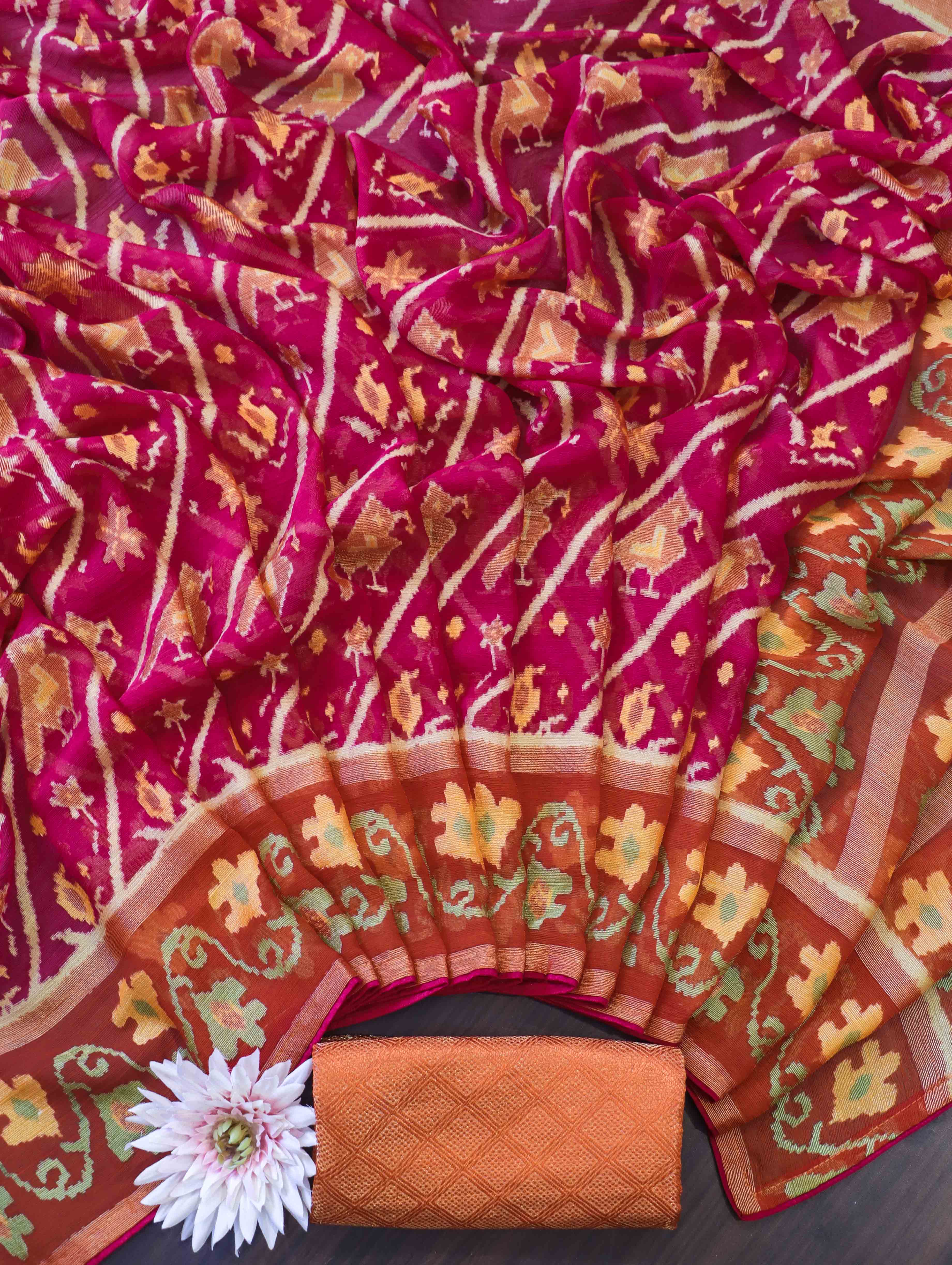 Banarasee Semi Chiffon Saree With Contrast Border & Brocade Blouse-Magenta & Orange