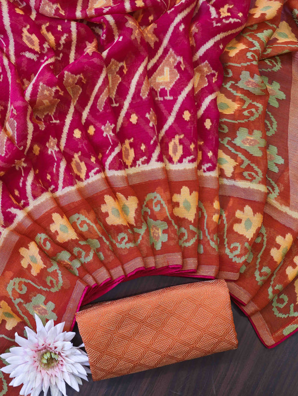 Banarasee Semi Chiffon Saree With Contrast Border & Brocade Blouse-Magenta & Orange