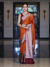 Banarasee Semi Chiffon Saree With Buti Design & Contrast Zari Border-Orange & Burgundy