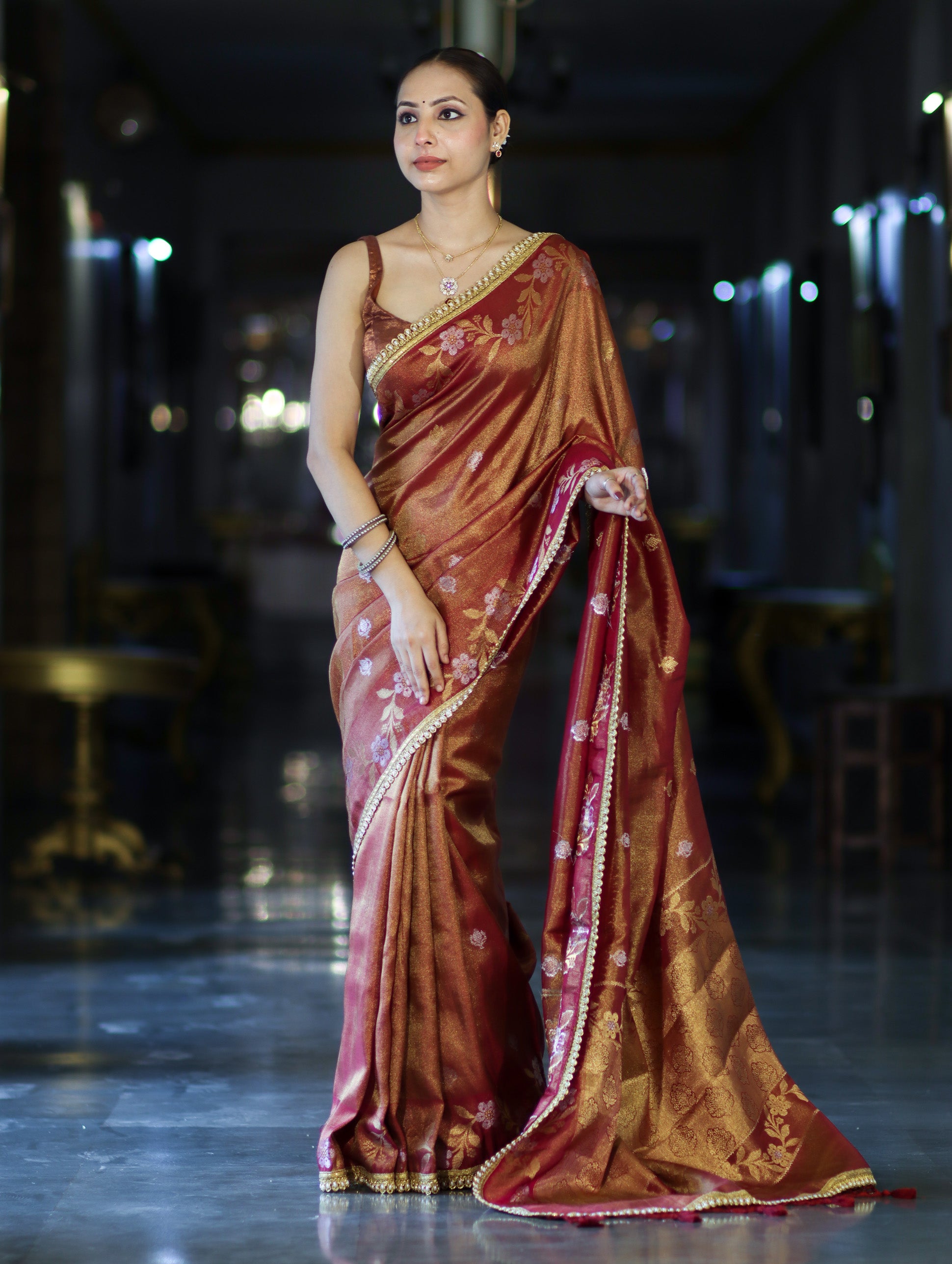 Banarasee Handloom Shimmer Silk Saree With Buti Design Floral Border & Lace-Rust Brown