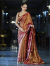 Banarasee Handloom Shimmer Silk Saree With Buti Design Floral Border & Lace-Rust Brown