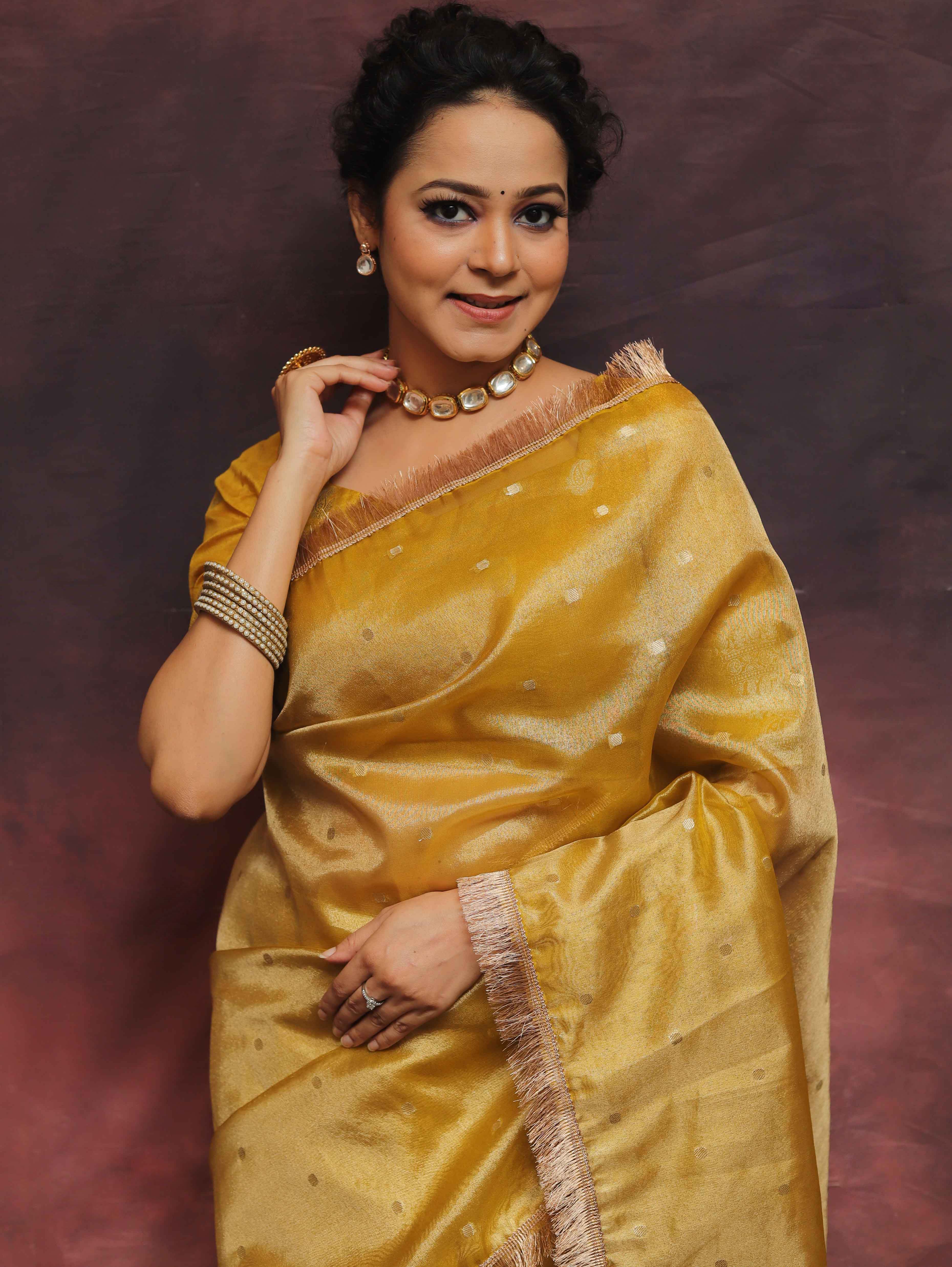 Banarasee Handwoven Tissue Saree Zari Buti With Lace-Mustard Yellow