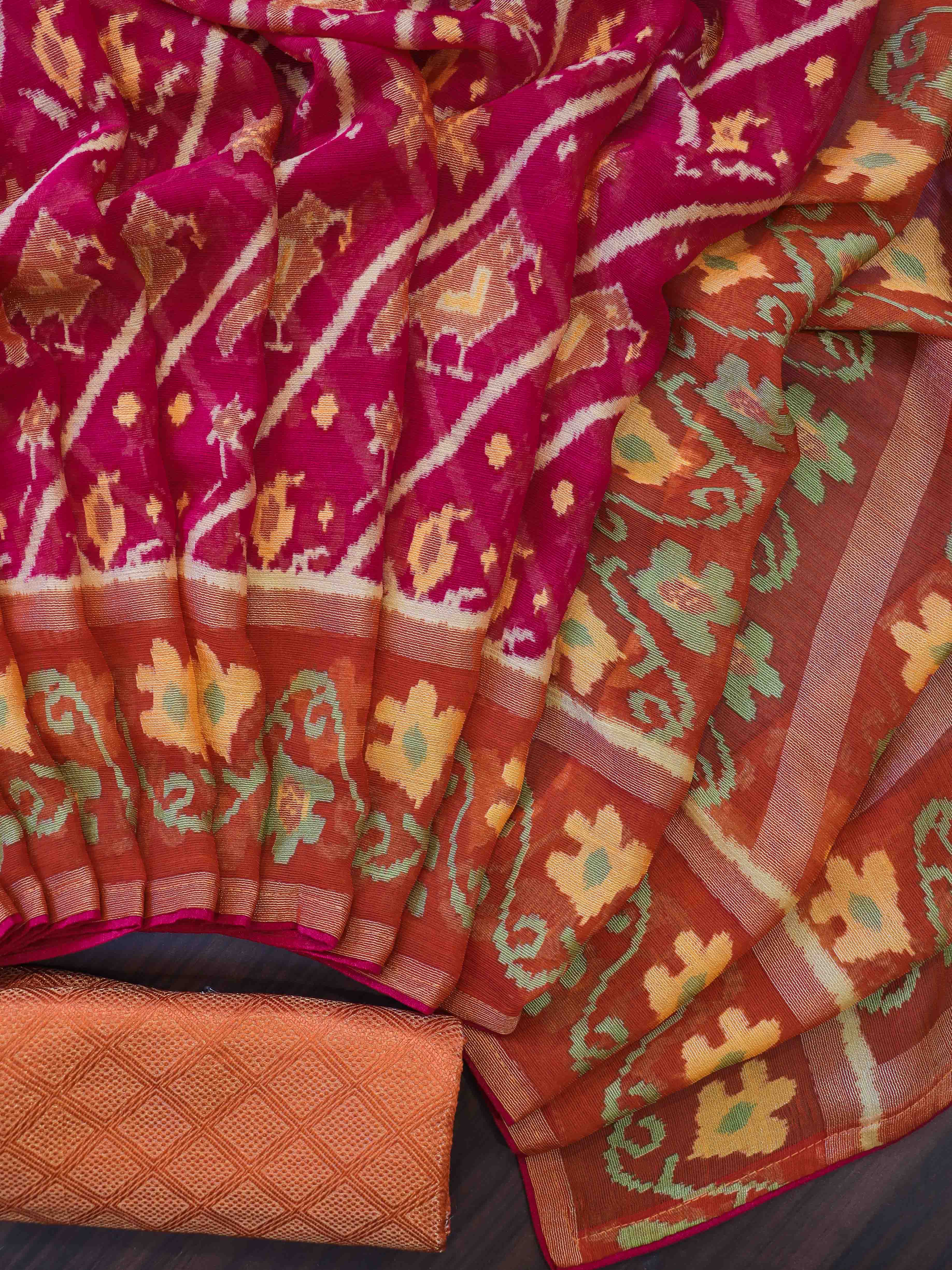 Banarasee Semi Chiffon Saree With Contrast Border & Brocade Blouse-Magenta & Orange