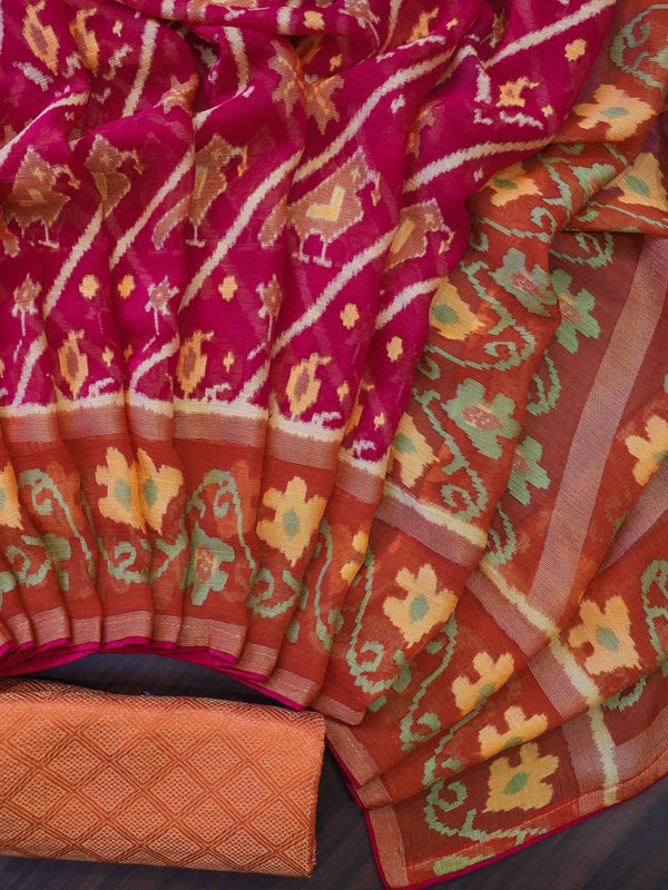 Banarasee Semi Chiffon Saree With Contrast Border & Brocade Blouse-Magenta & Orange