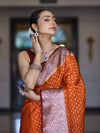 Banarasee Semi Chiffon Saree With Buti Design & Contrast Zari Border-Orange & Burgundy