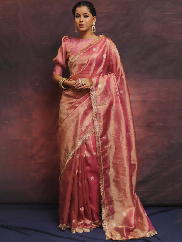 Banarasee Handwoven Tissue Saree Zari Buti With Lace-Pink