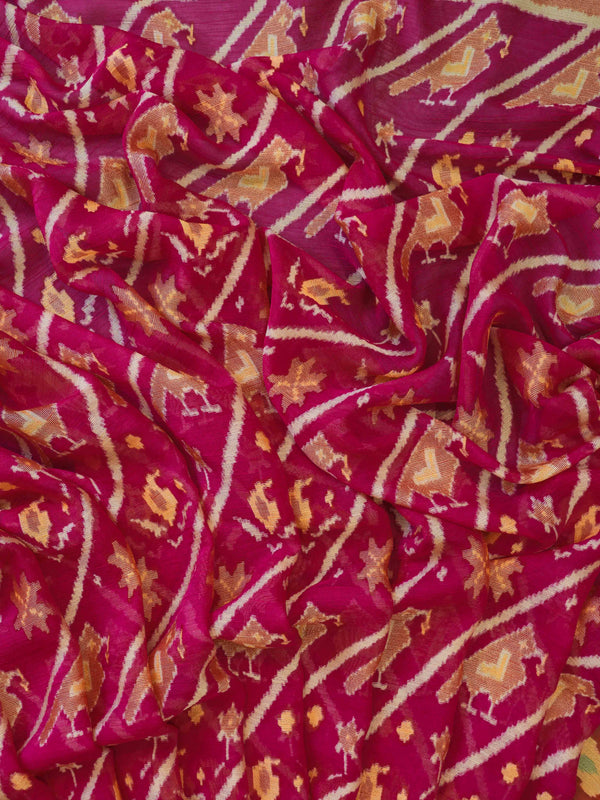 Banarasee Semi Chiffon Saree With Contrast Border & Brocade Blouse-Magenta & Orange