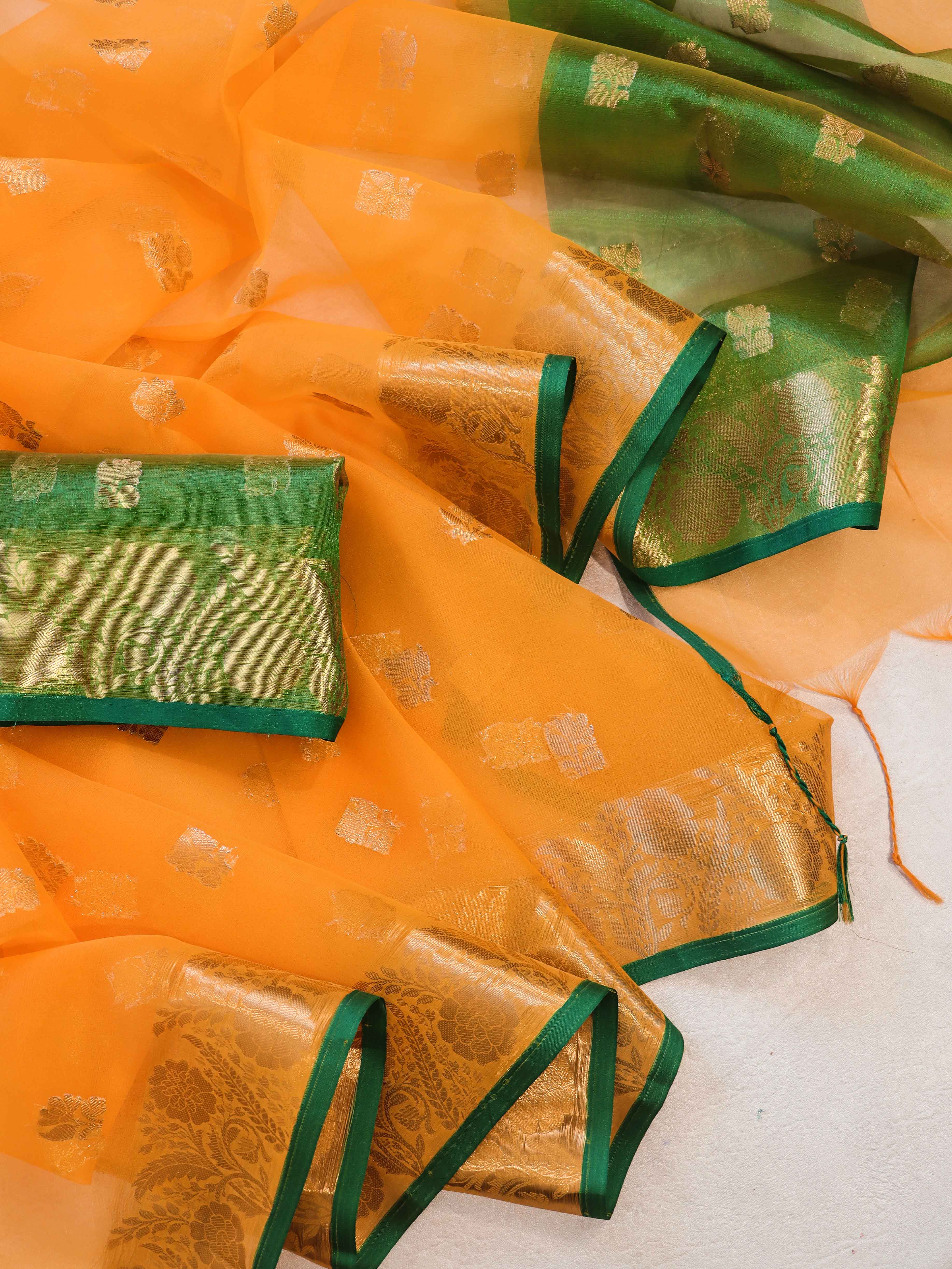 Banarasee Handloom Organza Mix Saree With Zari Buta Design & Contrast Border-Light Orange