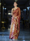Banarasee Handloom Shimmer Silk Saree With Buti Design Floral Border & Lace-Rust Brown