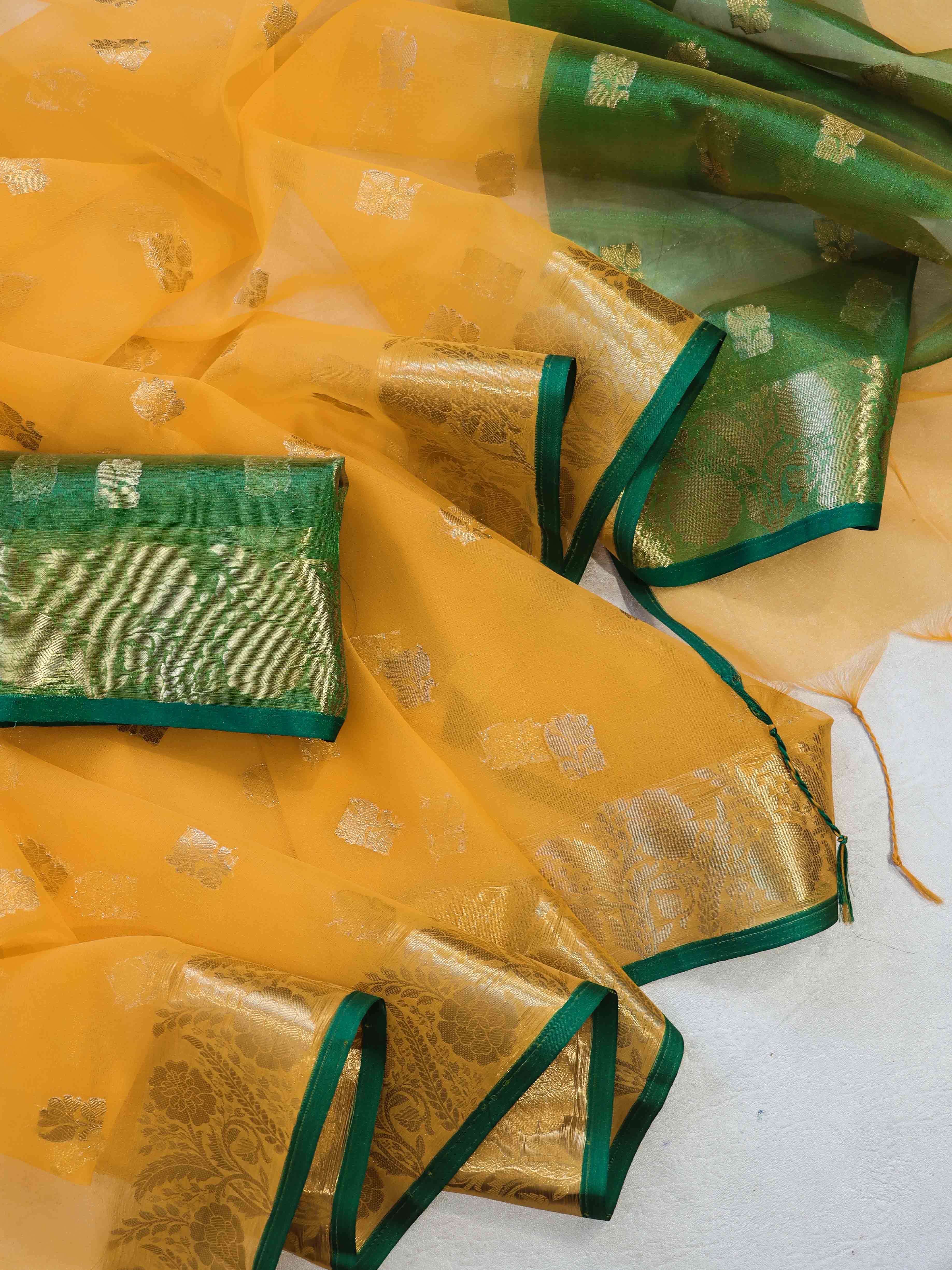 Banarasee Handloom Organza Mix Saree With Zari Buta Design & Contrast Border-Yellow