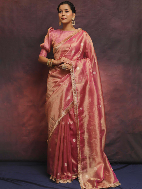 Banarasee Handwoven Tissue Saree Zari Buti With Lace-Pink
