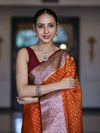 Banarasee Semi Chiffon Saree With Buti Design & Contrast Zari Border-Orange & Burgundy
