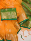 Banarasee Handloom Organza Mix Saree With Zari Buta Design & Contrast Border-Light Orange