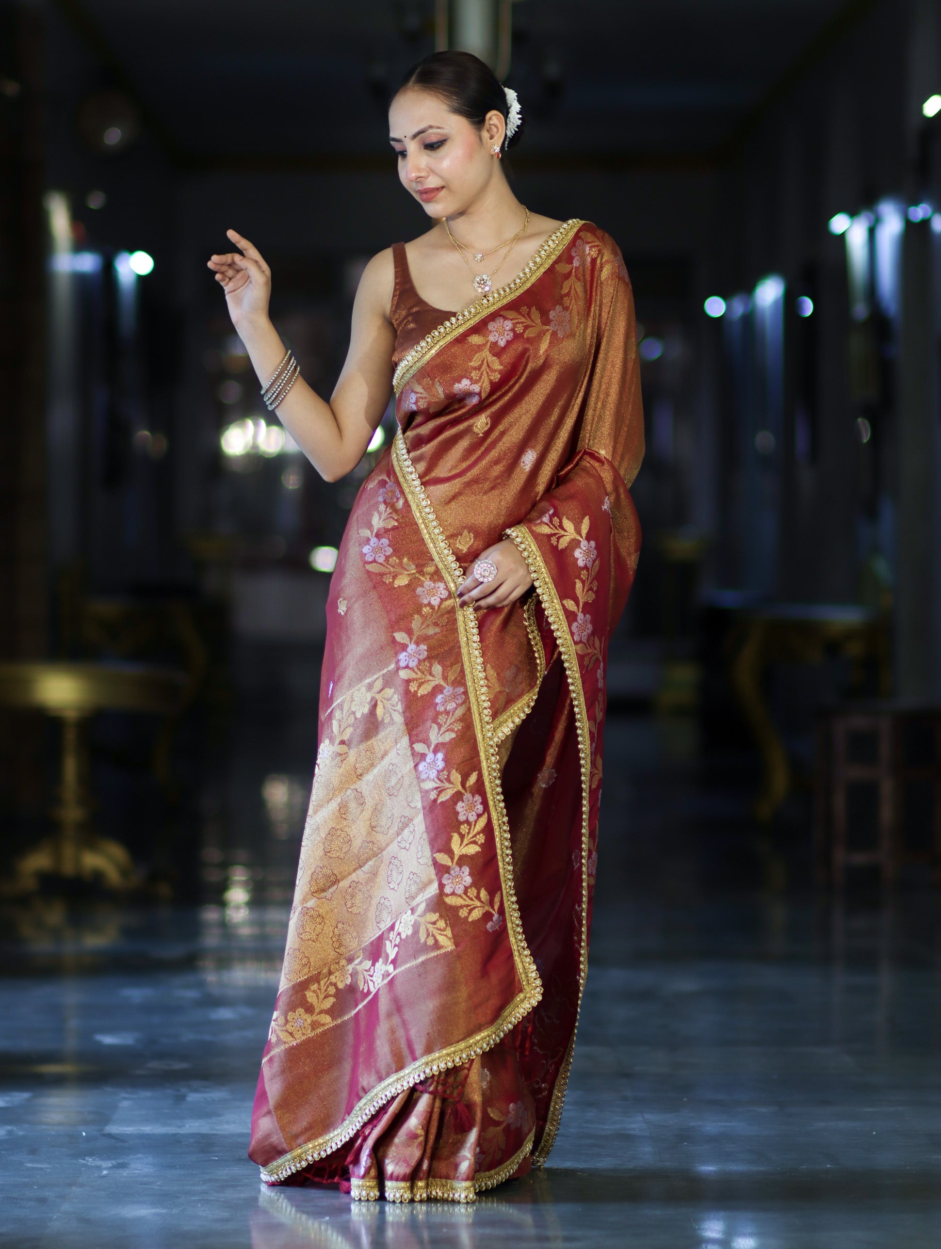 Banarasee Handloom Shimmer Silk Saree With Buti Design Floral Border & Lace-Rust Brown