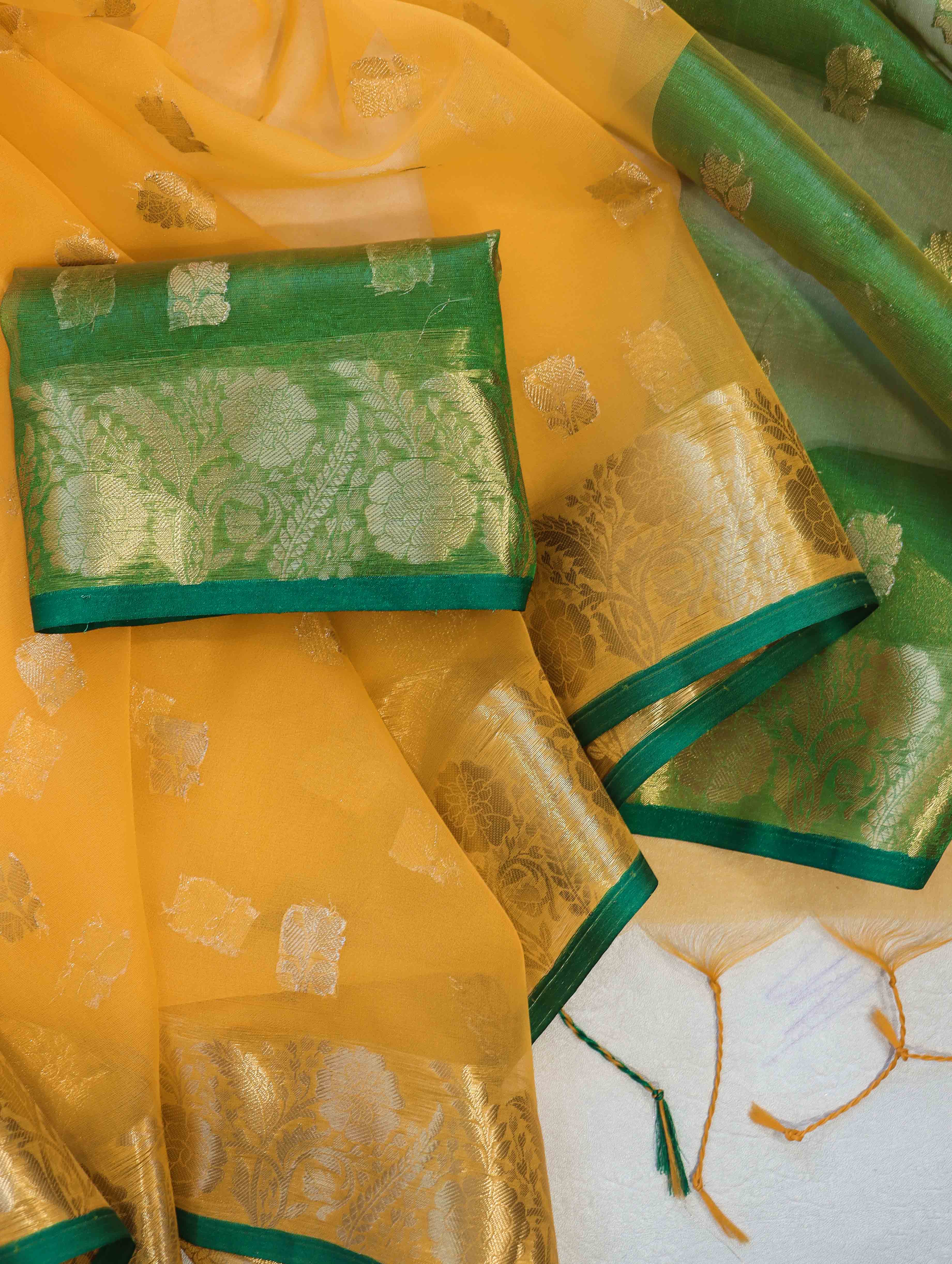 Banarasee Handloom Organza Mix Saree With Zari Buta Design & Contrast Border-Yellow