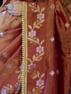Banarasee Handloom Shimmer Silk Saree With Buti Design Floral Border & Lace-Rust Brown