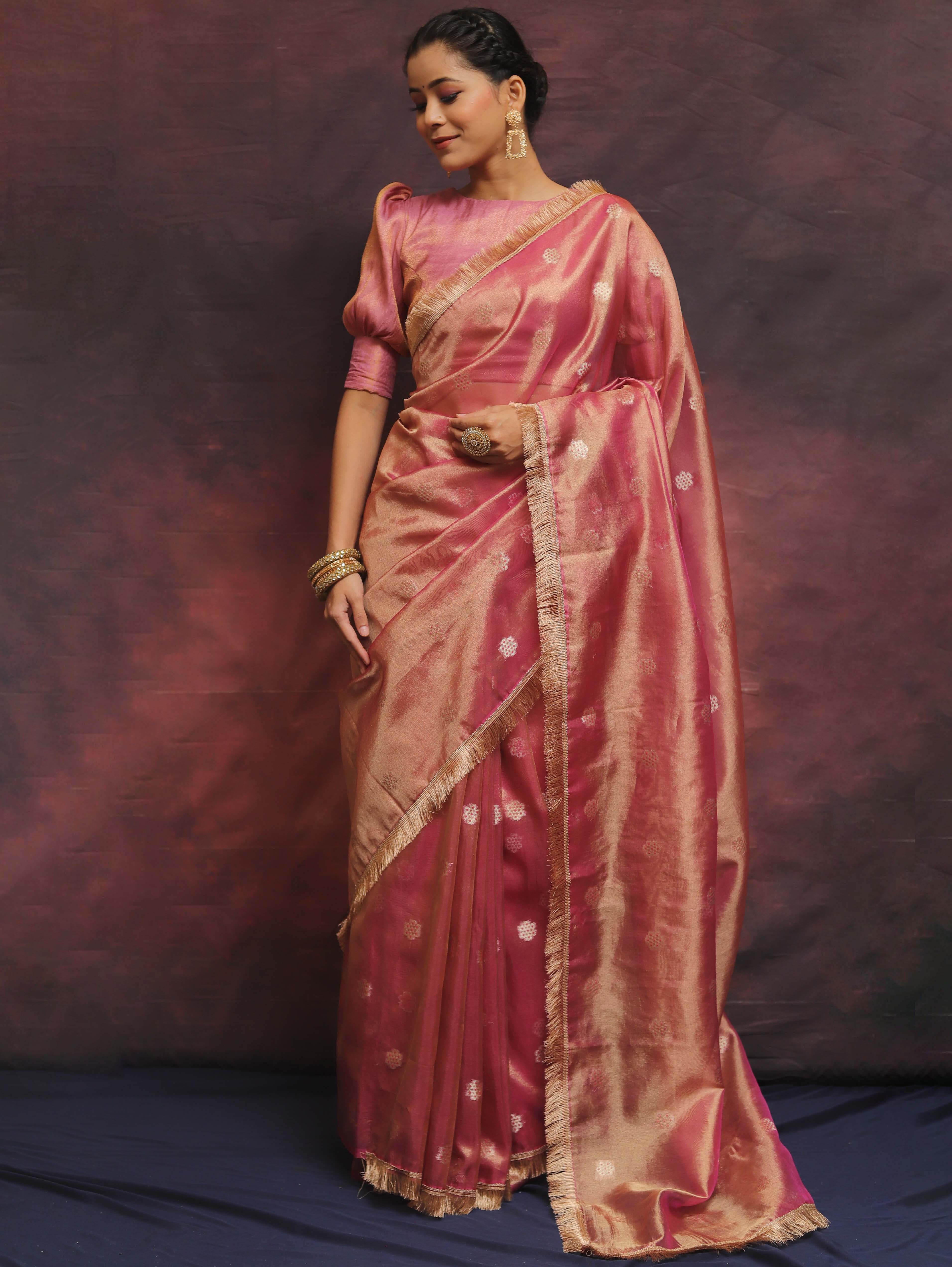 Banarasee Handwoven Tissue Saree Zari Buti With Lace-Pink