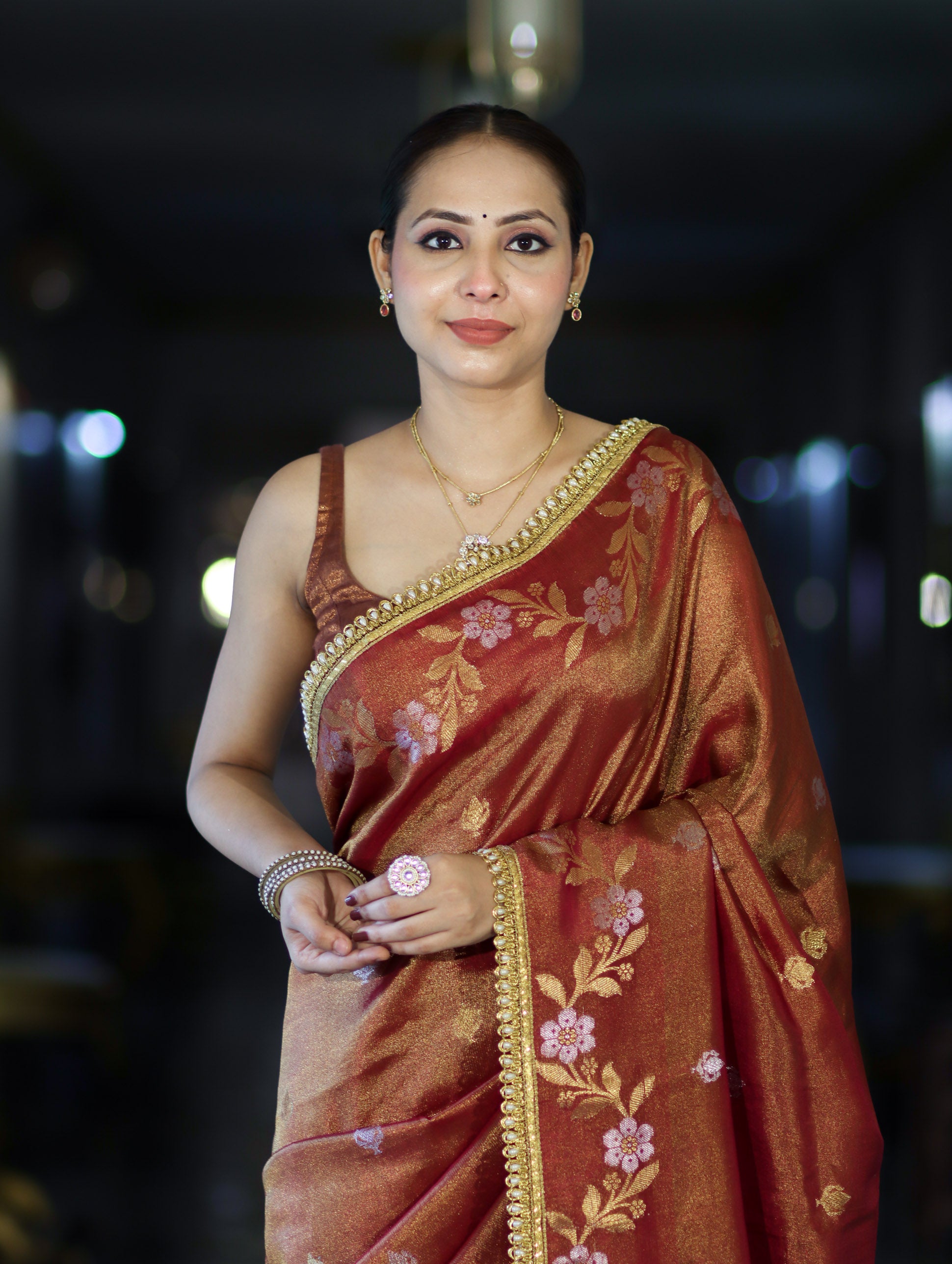 Banarasee Handloom Shimmer Silk Saree With Buti Design Floral Border & Lace-Rust Brown