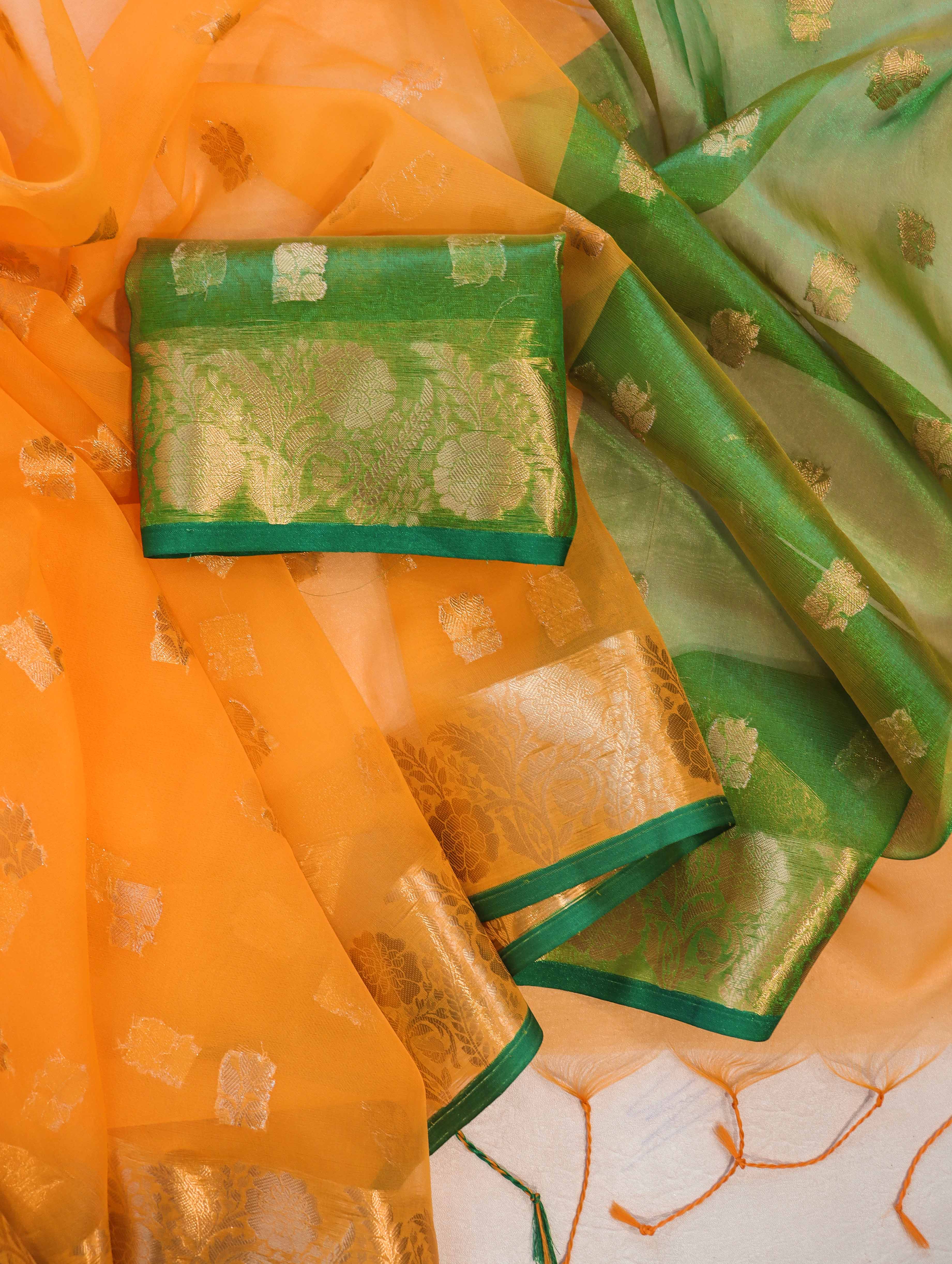 Banarasee Handloom Organza Mix Saree With Zari Buta Design & Contrast Border-Light Orange