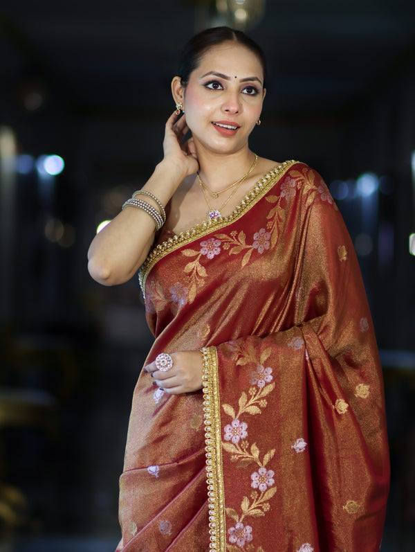 Banarasee Handloom Shimmer Silk Saree With Buti Design Floral Border & Lace-Rust Brown