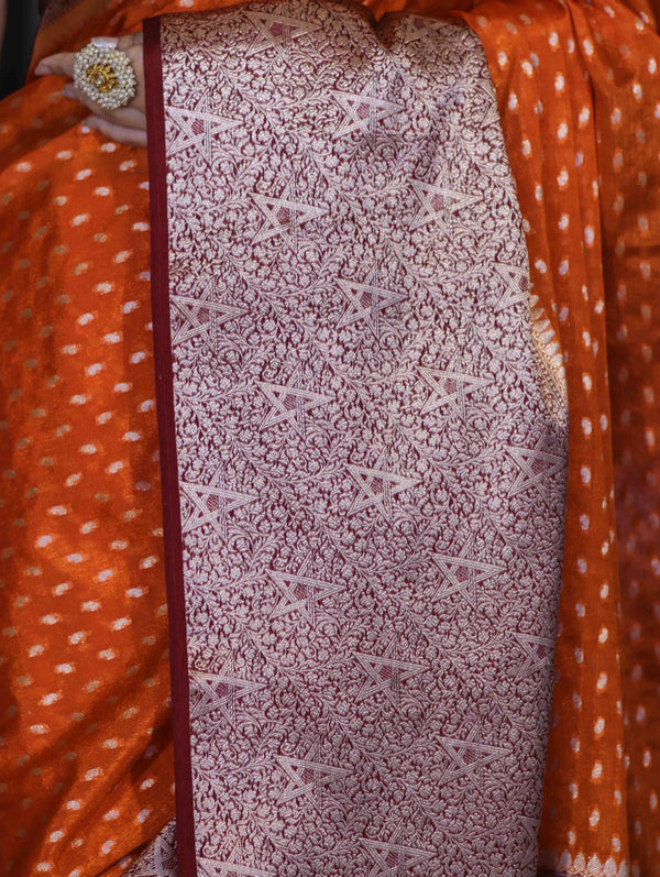 Banarasee Semi Chiffon Saree With Buti Design & Contrast Zari Border-Orange & Burgundy