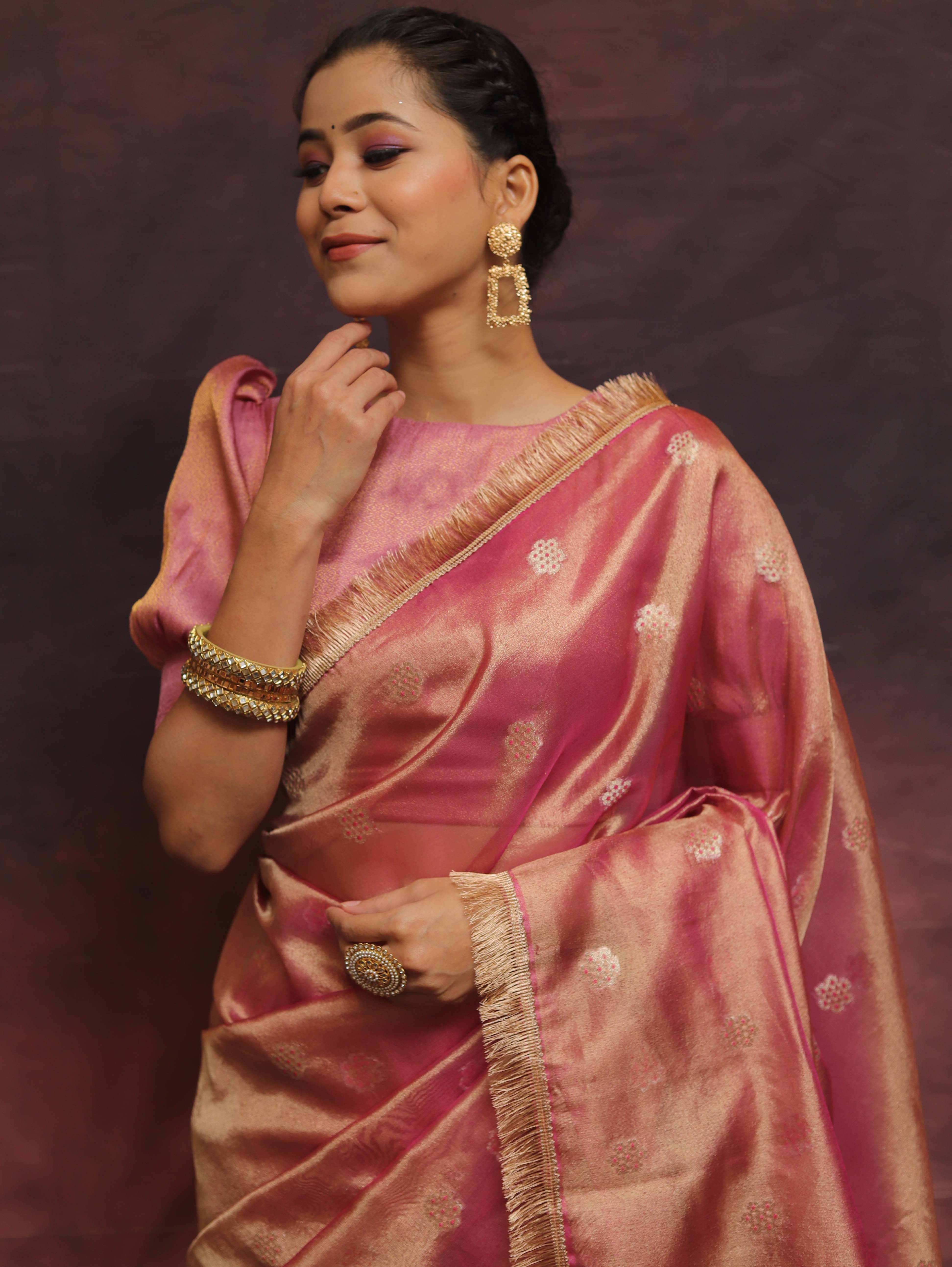 Banarasee Handwoven Tissue Saree Zari Buti With Lace-Pink
