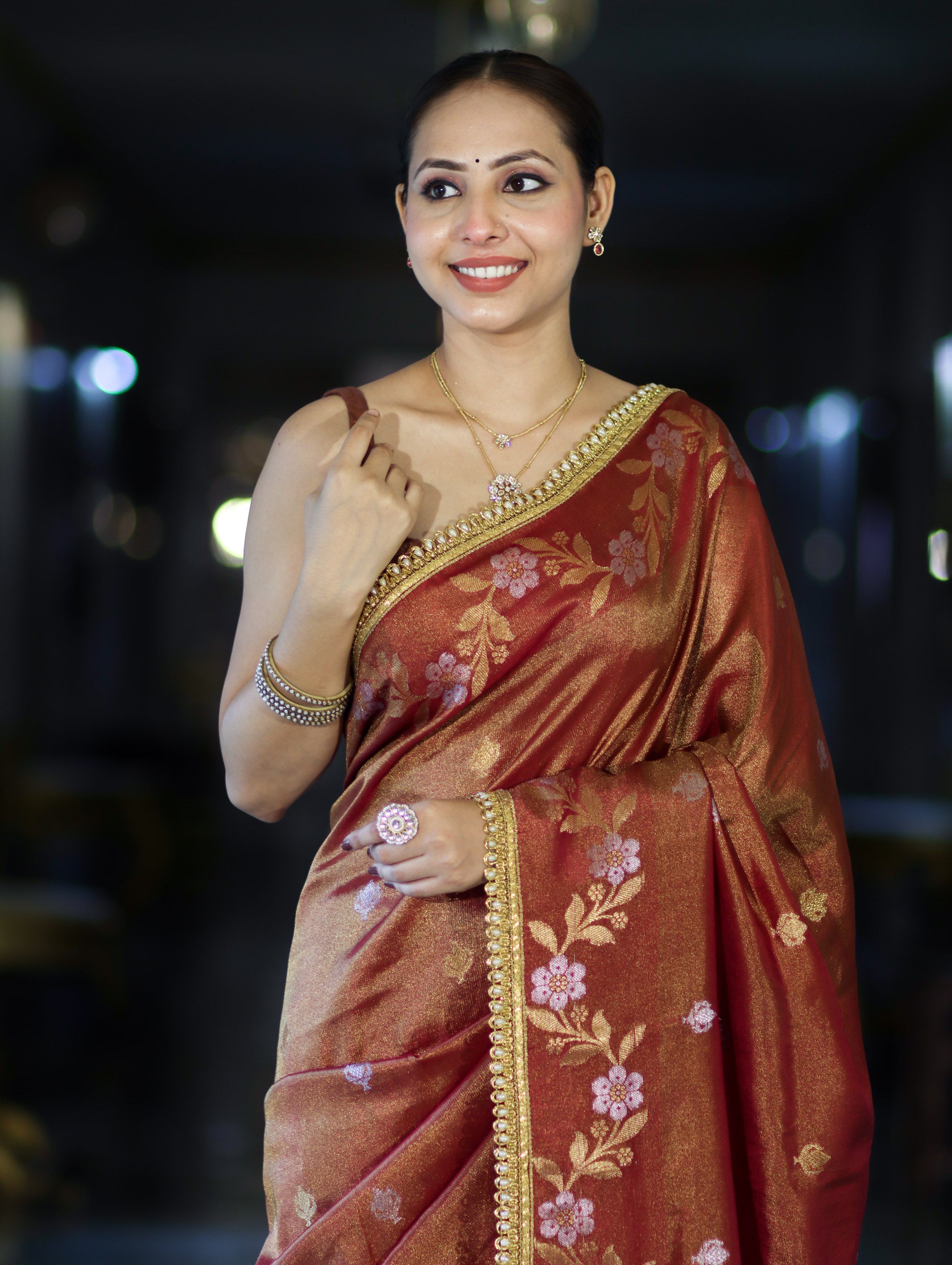 Banarasee Handloom Shimmer Silk Saree With Buti Design Floral Border & Lace-Rust Brown