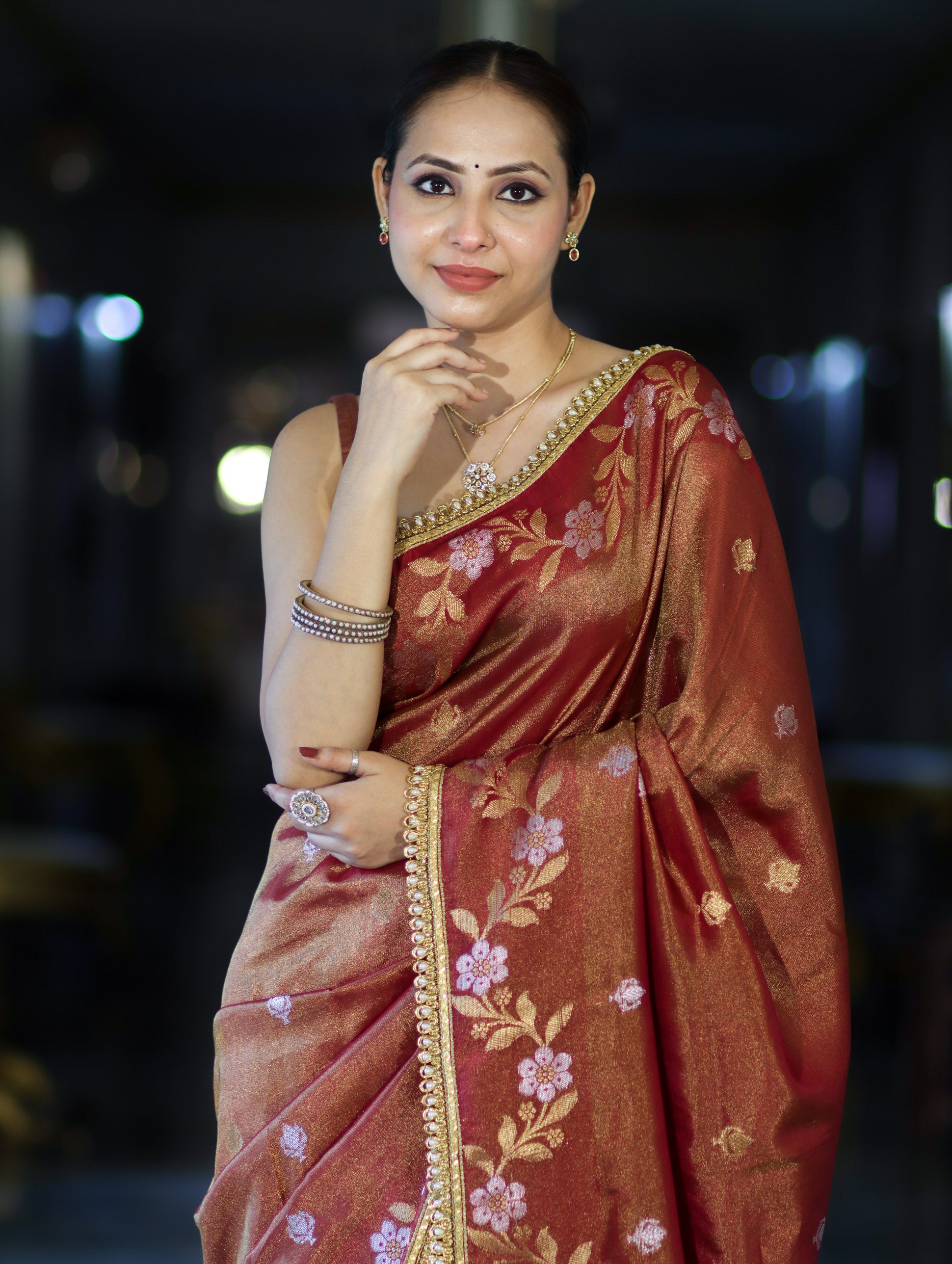 Banarasee Handloom Shimmer Silk Saree With Buti Design Floral Border & Lace-Rust Brown