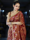Banarasee Handloom Shimmer Silk Saree With Buti Design Floral Border & Lace-Rust Brown