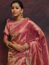 Banarasee Handwoven Tissue Saree Zari Buti With Lace-Pink