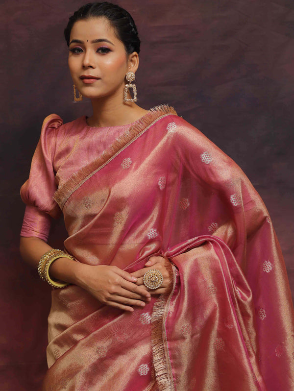 Banarasee Handwoven Tissue Saree Zari Buti With Lace-Pink