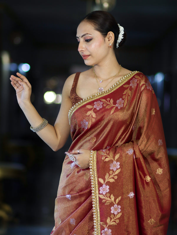 Banarasee Handloom Shimmer Silk Saree With Buti Design Floral Border & Lace-Rust Brown
