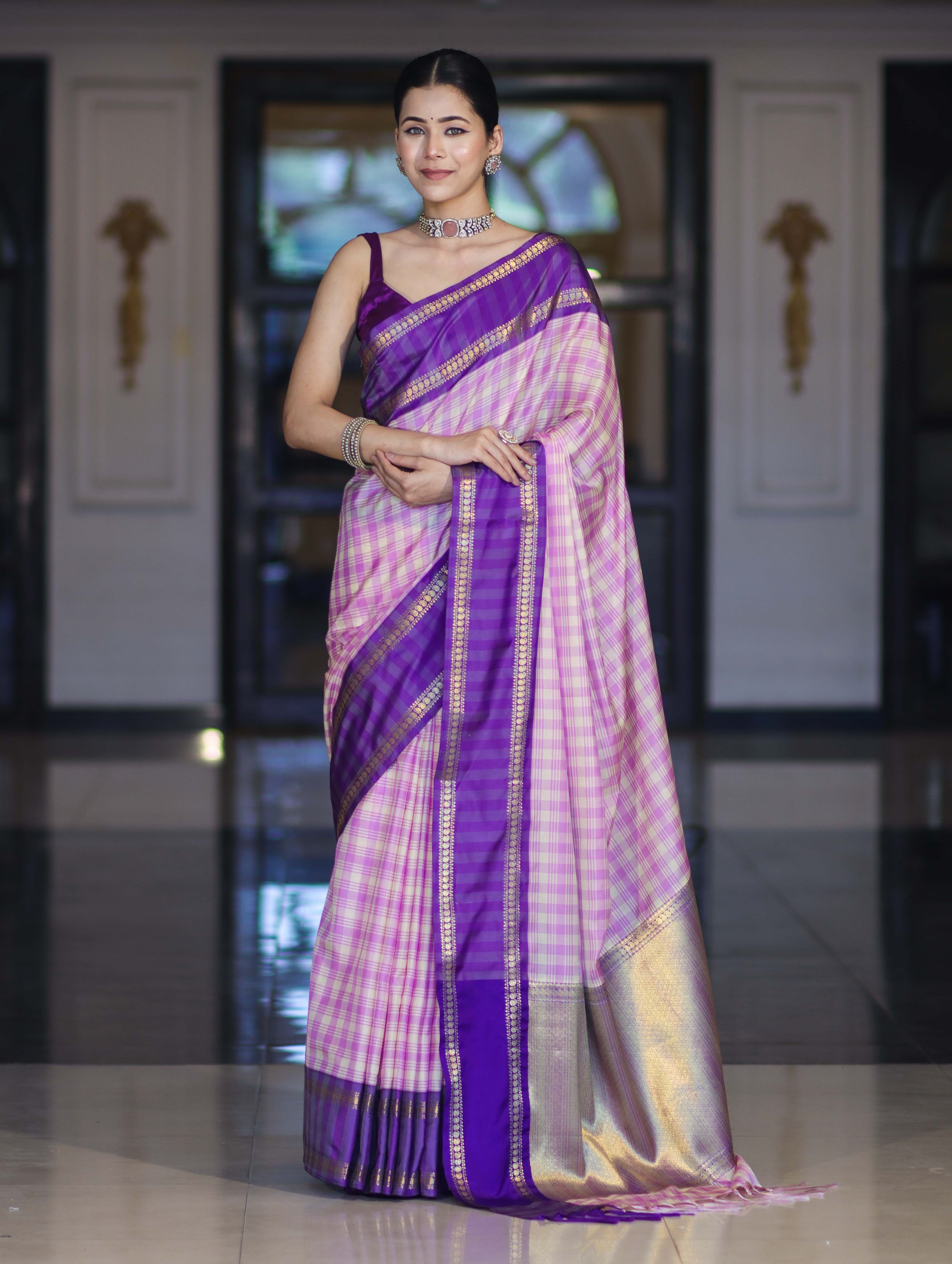 Banarasee Handloom Semi Silk Saree With Checks Design & Contrast Border-Light Pink & Violet