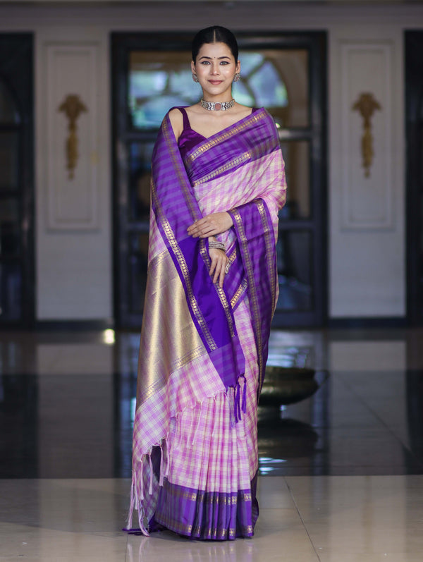 Banarasee Handloom Semi Silk Saree With Checks Design & Contrast Border-Light Pink & Violet