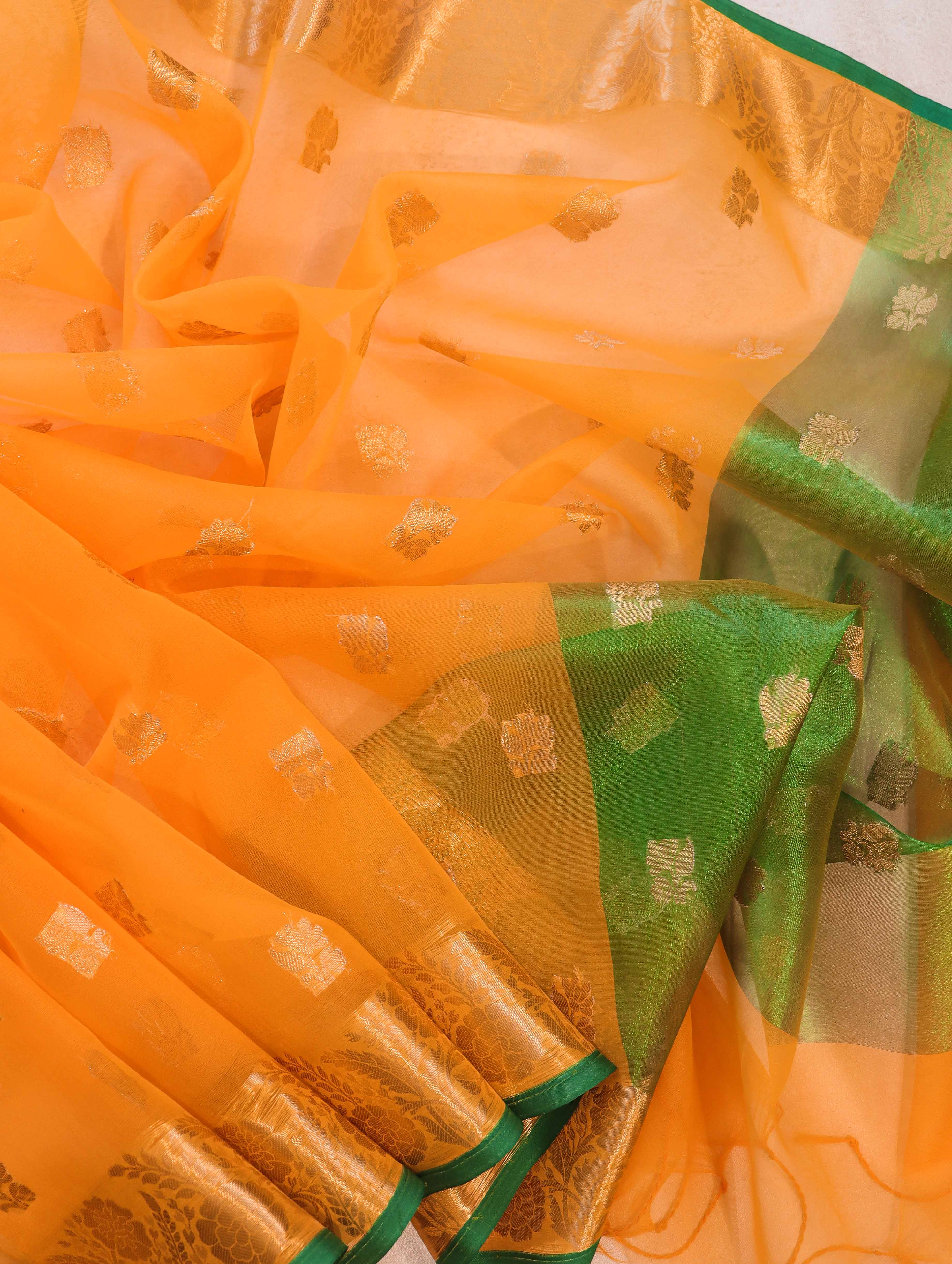 Banarasee Handloom Organza Mix Saree With Zari Buta Design & Contrast Border-Light Orange