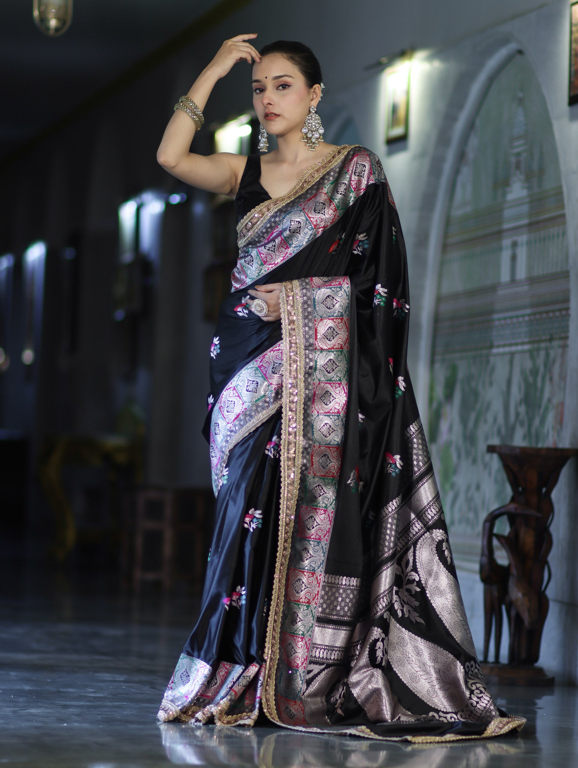 Banarasee Handloom Mashru Silk Saree With Resham & Zari Embroidery-Black
