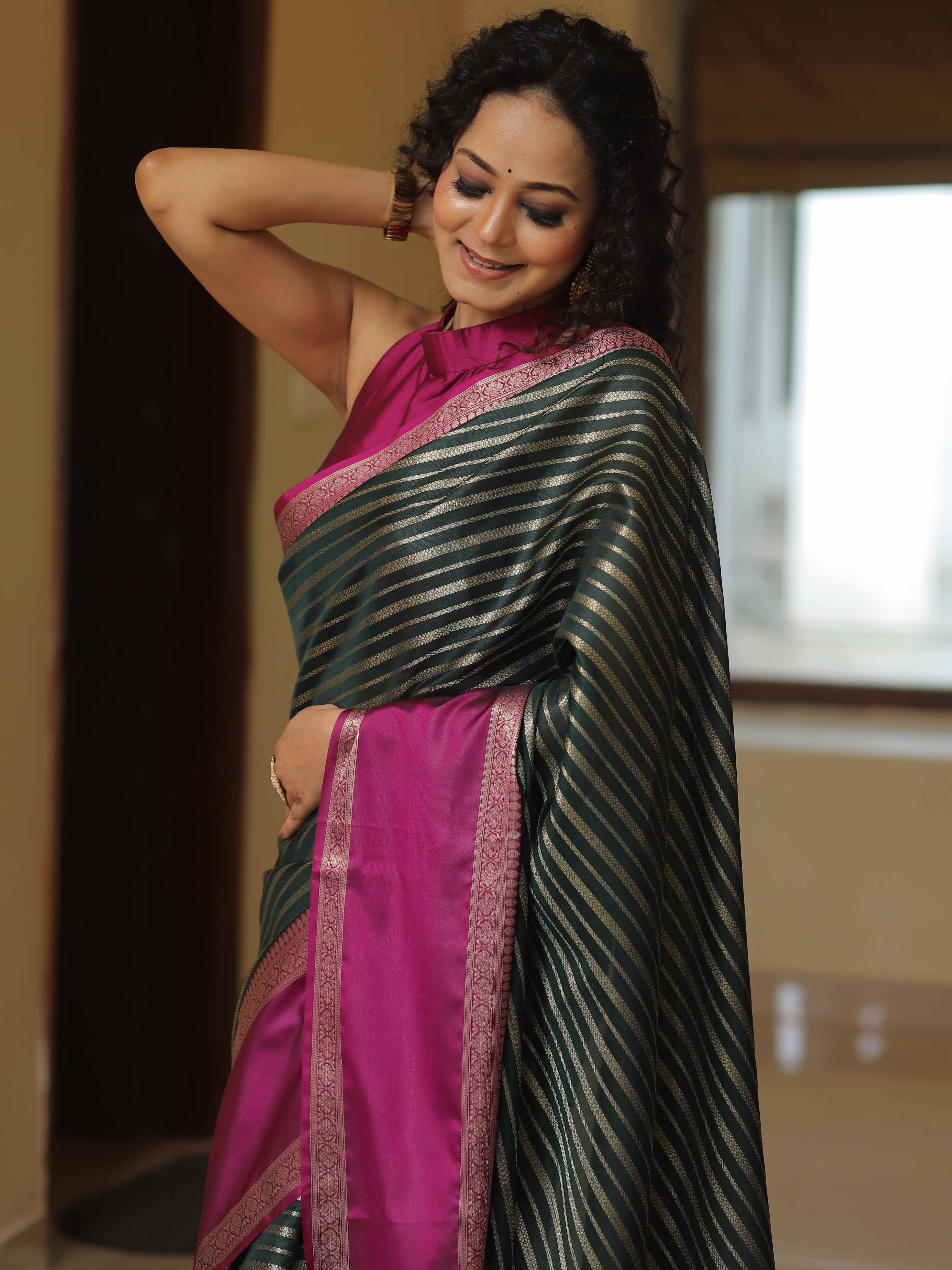 Banarasee Handwoven Semi Silk Saree With Stripes Design & Solid Border-Green & Pink