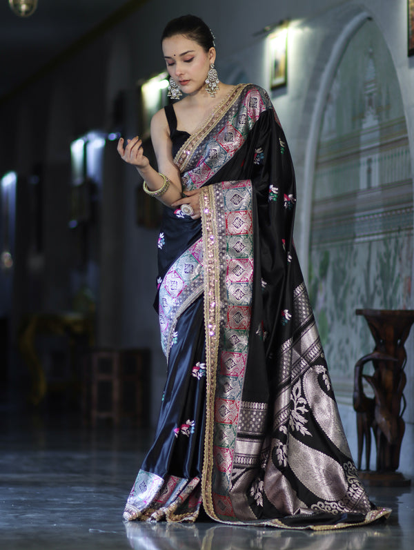 Banarasee Handloom Mashru Silk Saree With Resham & Zari Embroidery-Black