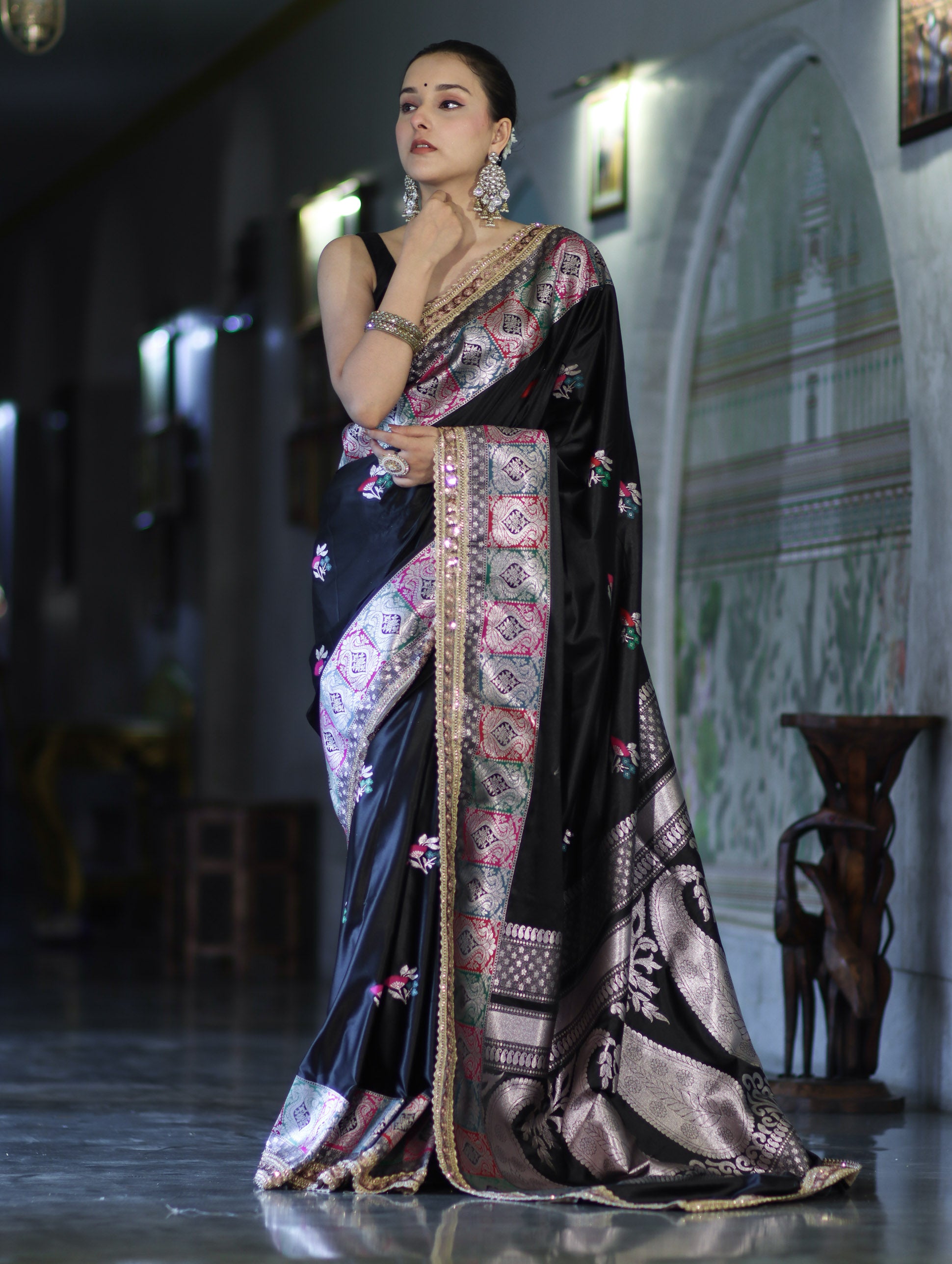 Banarasee Handloom Mashru Silk Saree With Resham & Zari Embroidery-Black